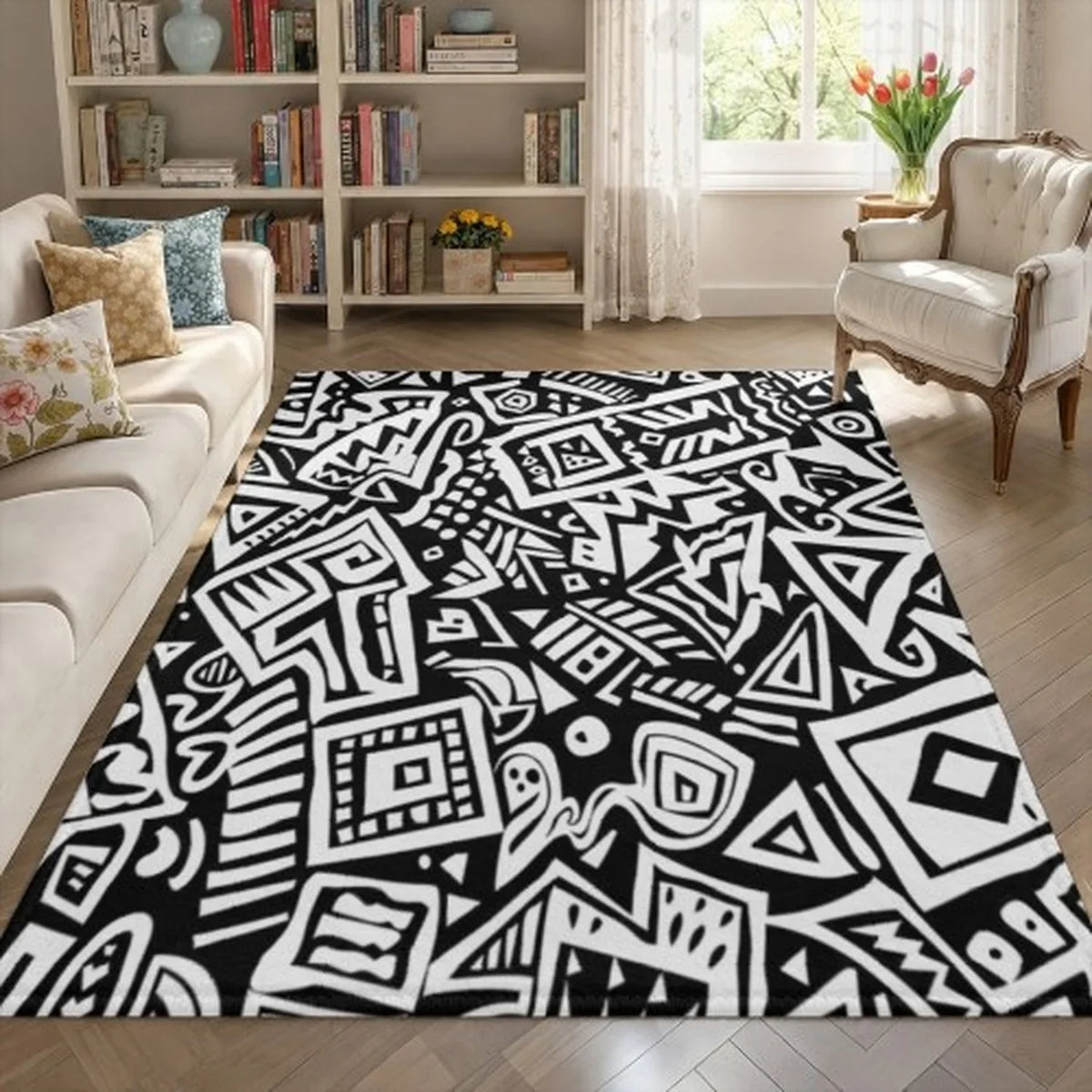 Colorful Boho Polyester Area Rug, Striped Geometric Green Rust Mustard Gray Design, Plush Non-Woven Textile, 5 Sizes - product view 3