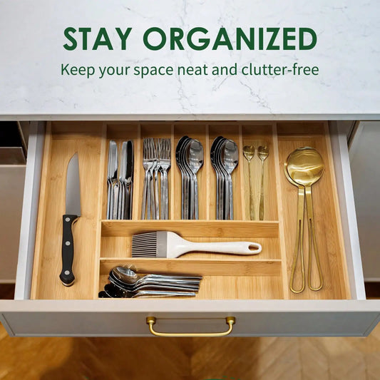 Bamboo Expandable Drawer Organizer, Adjustable 7–9 Slot Utensil Tray for Kitchen Cutlery, Silverware and Flatware Storage - product view 1