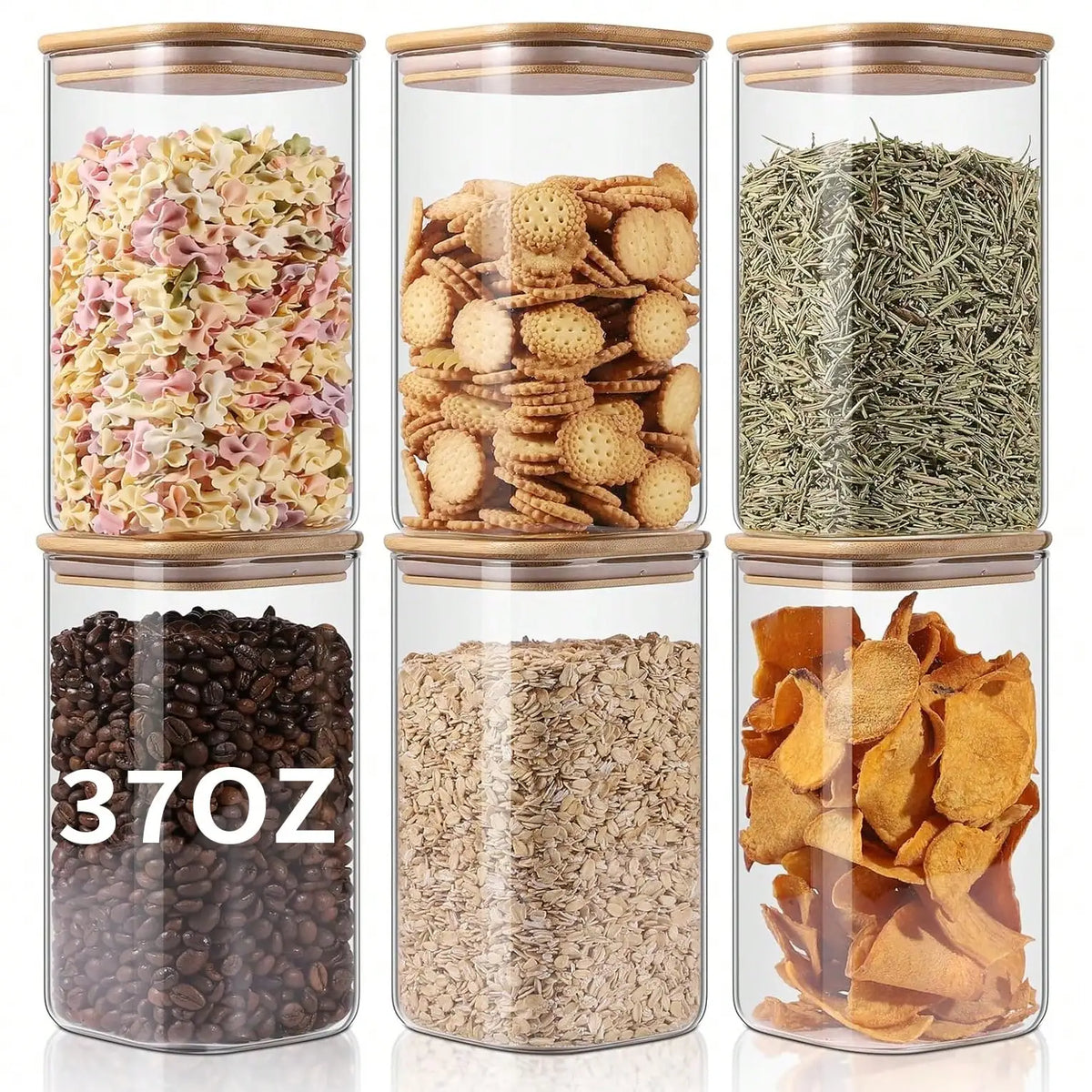 6-Pack Food Storage Jars, 37 oz Square Canisters with Airtight Bamboo Lids, Clear Stackable Pantry Containers for Pasta, Oats and Spices - product view 1