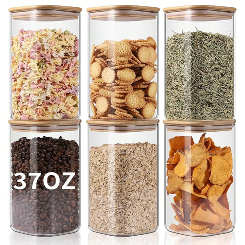 6-Pack Food Storage Jars, 37 oz Square Canisters with Airtight Bamboo Lids, Clear Stackable Pantry Containers for Pasta, Oats and Spices - product view 1