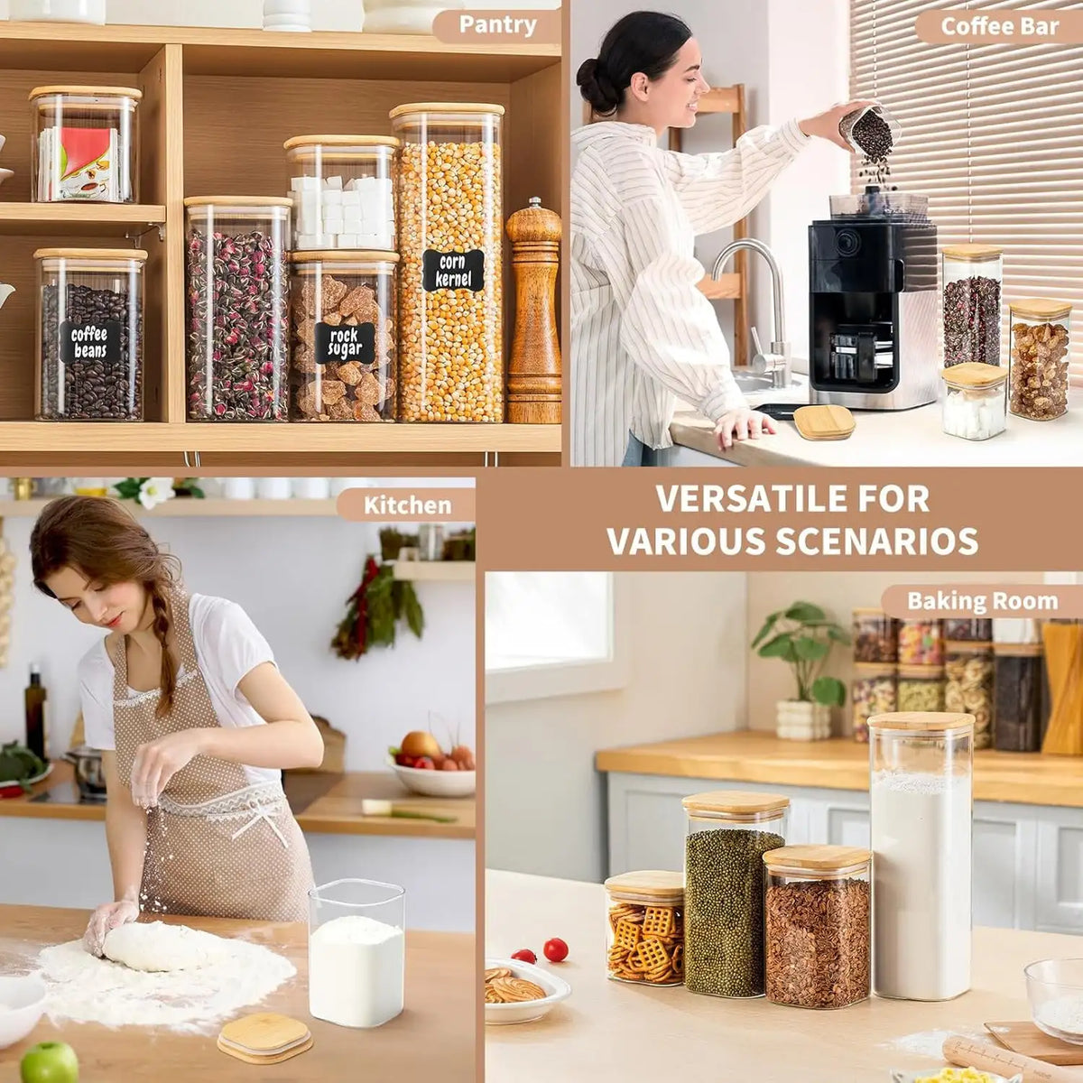 6-Pack Food Storage Jars, 37 oz Square Canisters with Airtight Bamboo Lids, Clear Stackable Pantry Containers for Pasta, Oats and Spices - product view 5
