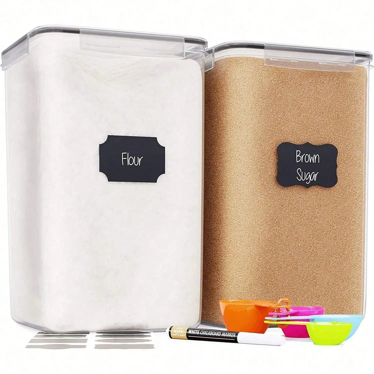 Extra-Large Flour and Sugar Storage Containers, 2-Piece Clear Acrylic Set with Airtight Lids, Labels and Measuring Cups - product view 1
