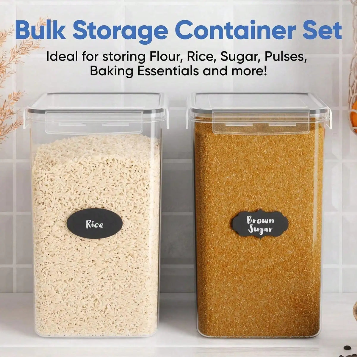 Extra-Large Flour and Sugar Storage Containers, 2-Piece Clear Acrylic Set with Airtight Lids, Labels and Measuring Cups - product view 2