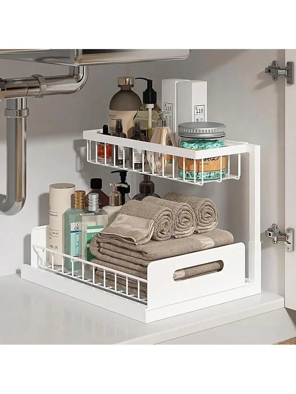 2-Tier Pull-Out Cabinet Organizer, L-Shaped Slide-Out Storage Baskets for Under Sink, Kitchen, Bathroom or Pantry, White, Black or Grey - product view 1