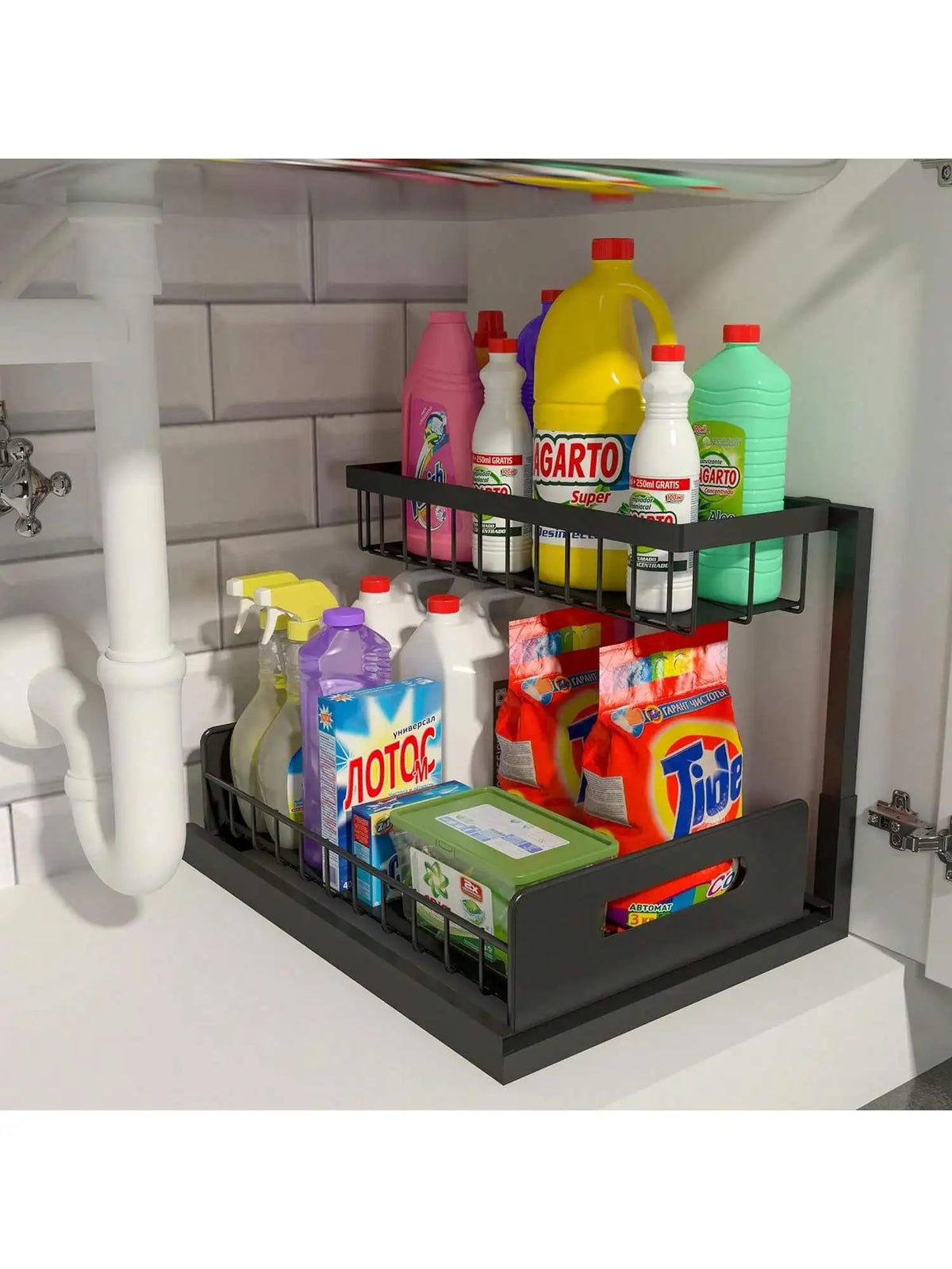2-Tier Pull-Out Cabinet Organizer, L-Shaped Slide-Out Storage Baskets for Under Sink, Kitchen, Bathroom or Pantry, White, Black or Grey - product view 2