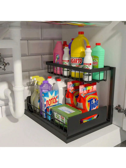 2-Tier Pull-Out Cabinet Organizer, L-Shaped Slide-Out Storage Baskets for Under Sink, Kitchen, Bathroom or Pantry, White, Black or Grey - product view 2