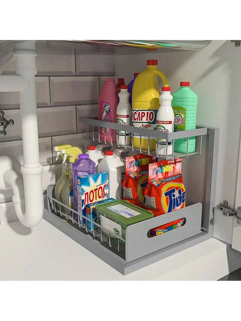 2-Tier Pull-Out Cabinet Organizer, L-Shaped Slide-Out Storage Baskets for Under Sink, Kitchen, Bathroom or Pantry, White, Black or Grey - product view 3