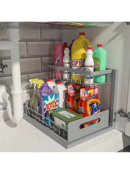2-Tier Pull-Out Cabinet Organizer, L-Shaped Slide-Out Storage Baskets for Under Sink, Kitchen, Bathroom or Pantry, White, Black or Grey - product view 3