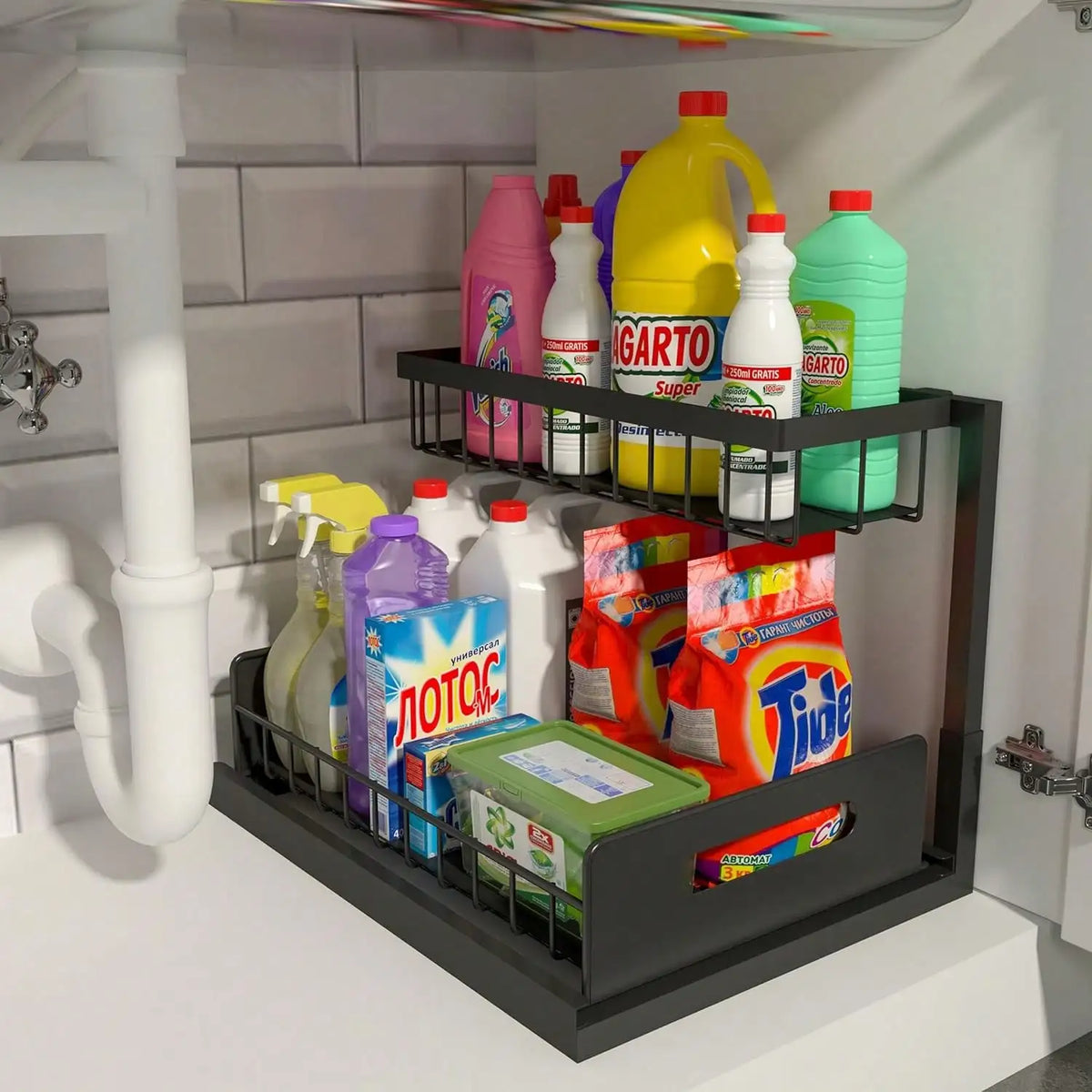 2-Tier Pull-Out Cabinet Organizer, L-Shaped Slide-Out Storage Baskets for Under Sink, Kitchen, Bathroom or Pantry, White, Black or Grey - product view 4