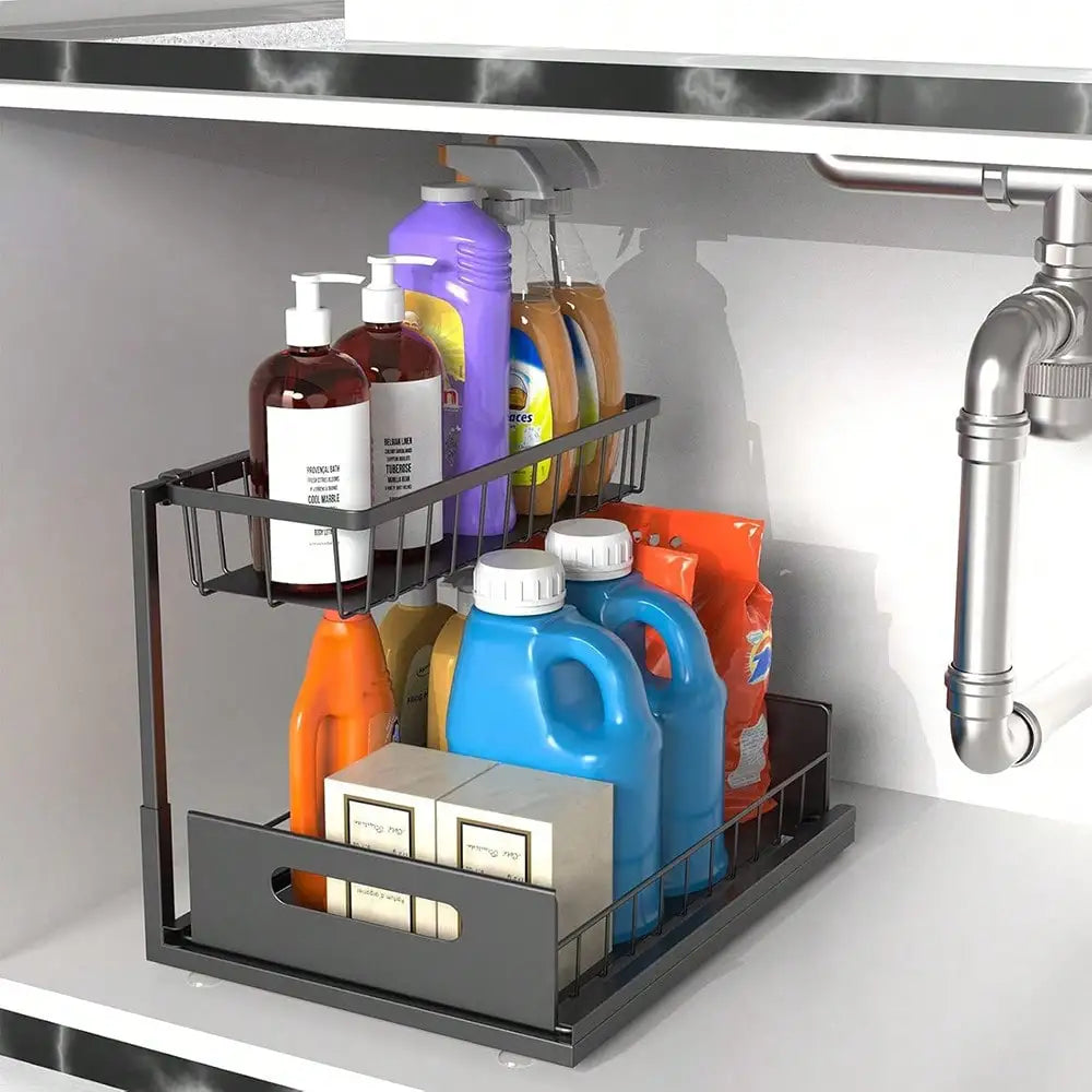 2-Tier Pull-Out Cabinet Organizer, L-Shaped Slide-Out Storage Baskets for Under Sink, Kitchen, Bathroom or Pantry, White, Black or Grey - product view 5