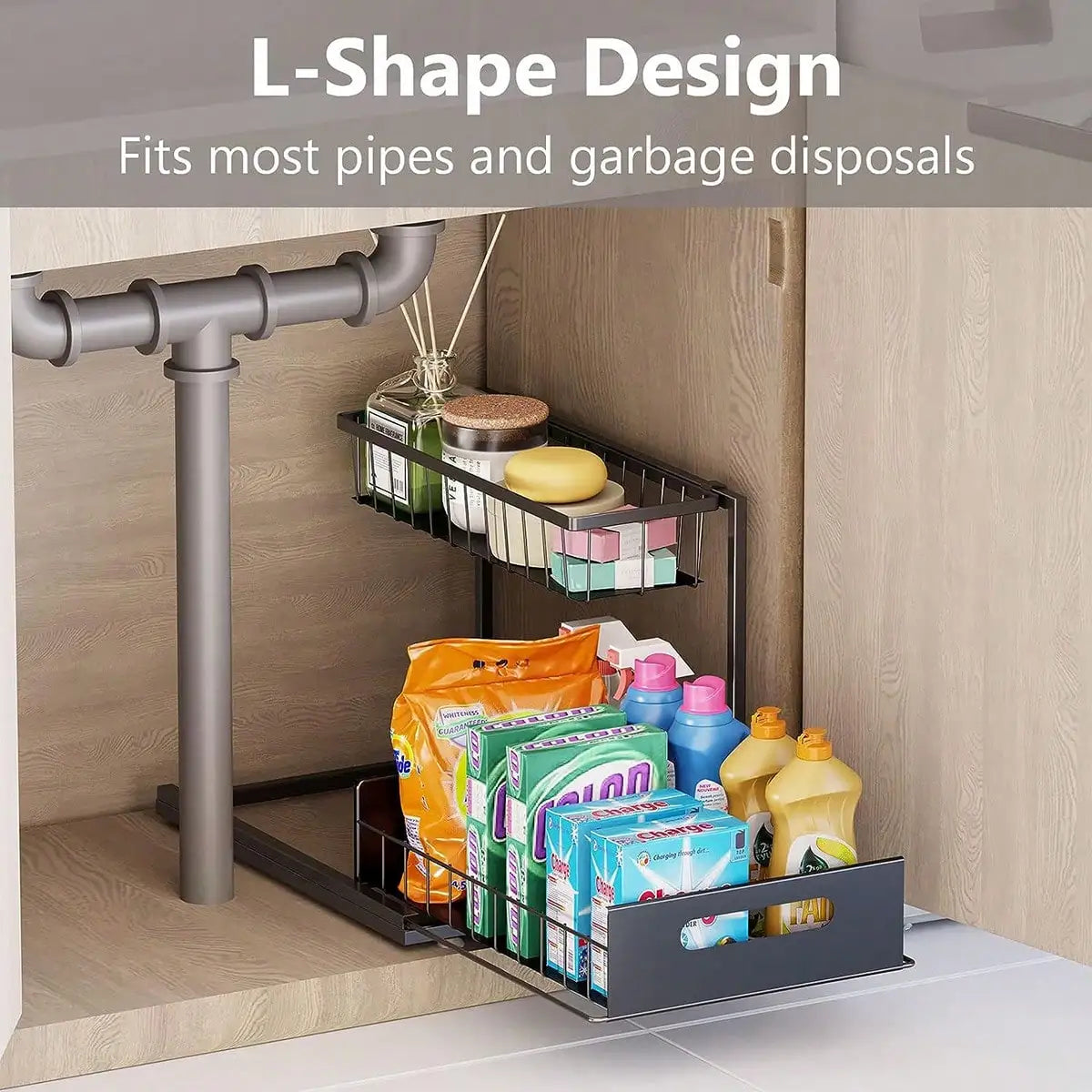 2-Tier Pull-Out Cabinet Organizer, L-Shaped Slide-Out Storage Baskets for Under Sink, Kitchen, Bathroom or Pantry, White, Black or Grey - product view 6