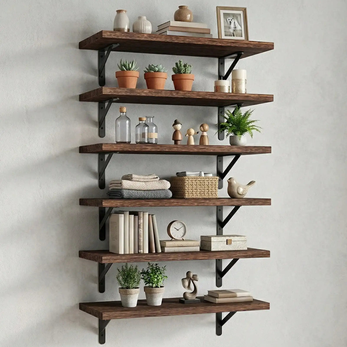 6-Piece Floating Wall Shelves, 23.6-Inch Wood Display Shelves with Metal Frames, Brown Farmhouse Decor Set - product view 1