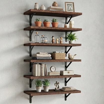 6-Piece Floating Wall Shelves, 23.6-Inch Wood Display Shelves with Metal Frames, Brown Farmhouse Decor Set - product view 1