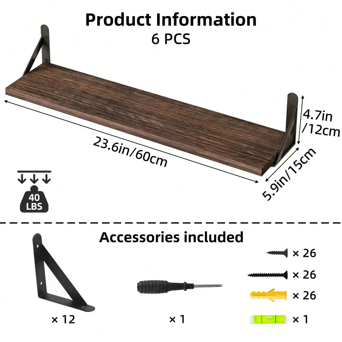 6-Piece Floating Wall Shelves, 23.6-Inch Wood Display Shelves with Metal Frames, Brown Farmhouse Decor Set - product view 2