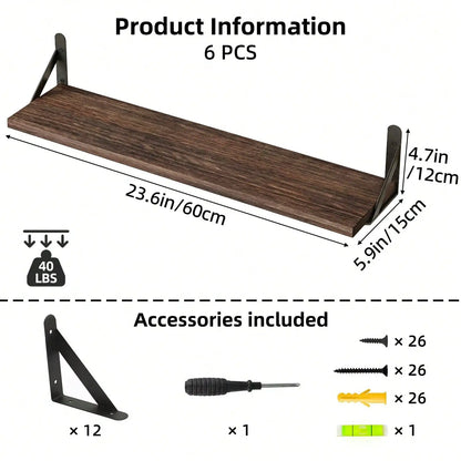 6-Piece Floating Wall Shelves, 23.6-Inch Wood Display Shelves with Metal Frames, Brown Farmhouse Decor Set - product view 2
