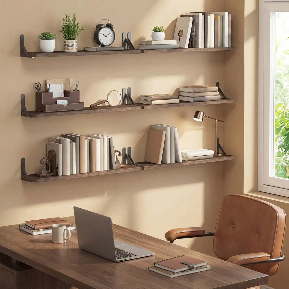 6-Piece Floating Wall Shelves, 23.6-Inch Wood Display Shelves with Metal Frames, Brown Farmhouse Decor Set - product view 4