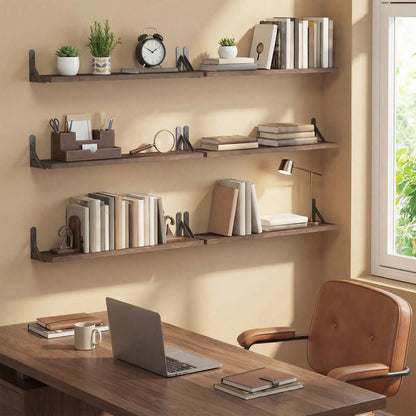 6-Piece Floating Wall Shelves, 23.6-Inch Wood Display Shelves with Metal Frames, Brown Farmhouse Decor Set - product view 4
