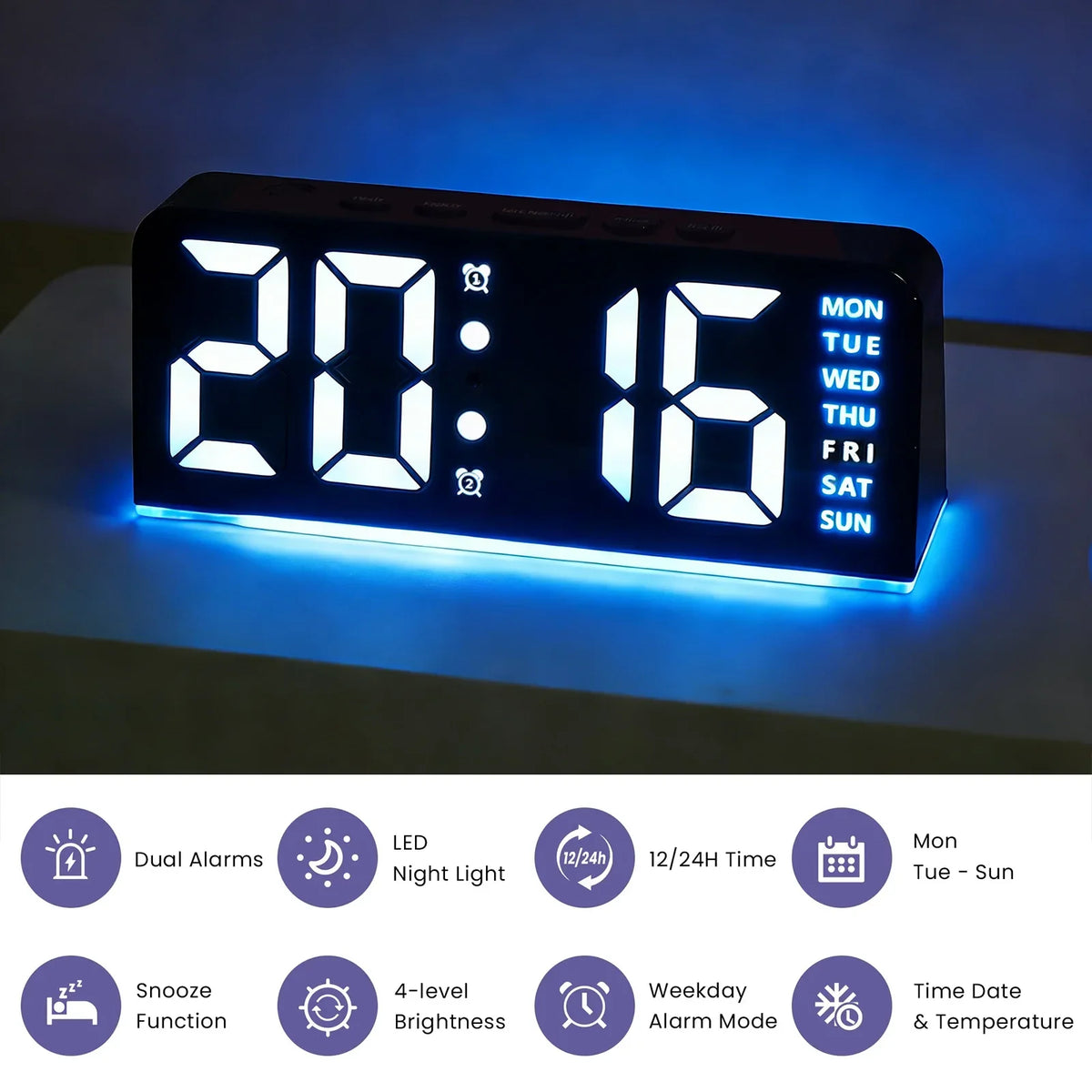 Mini Digital Alarm Clock, Blue Backlight, Adjustable Brightness, Calendar and Temperature Display, USB 5V Desktop Nightstand Clock - product view 1