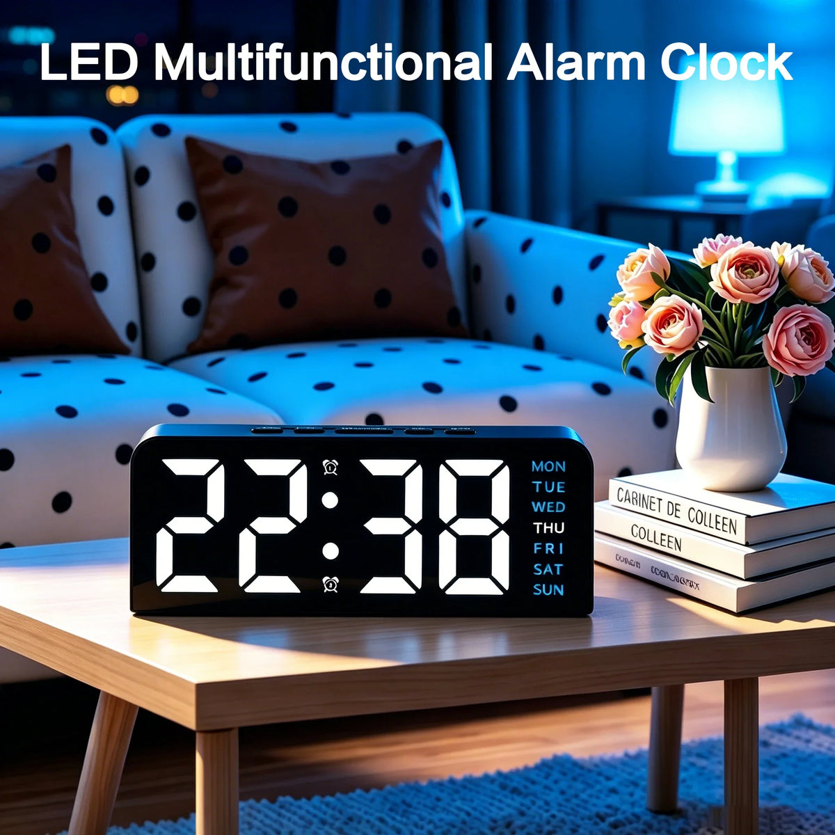 Mini Digital Alarm Clock, Blue Backlight, Adjustable Brightness, Calendar and Temperature Display, USB 5V Desktop Nightstand Clock - product view 2