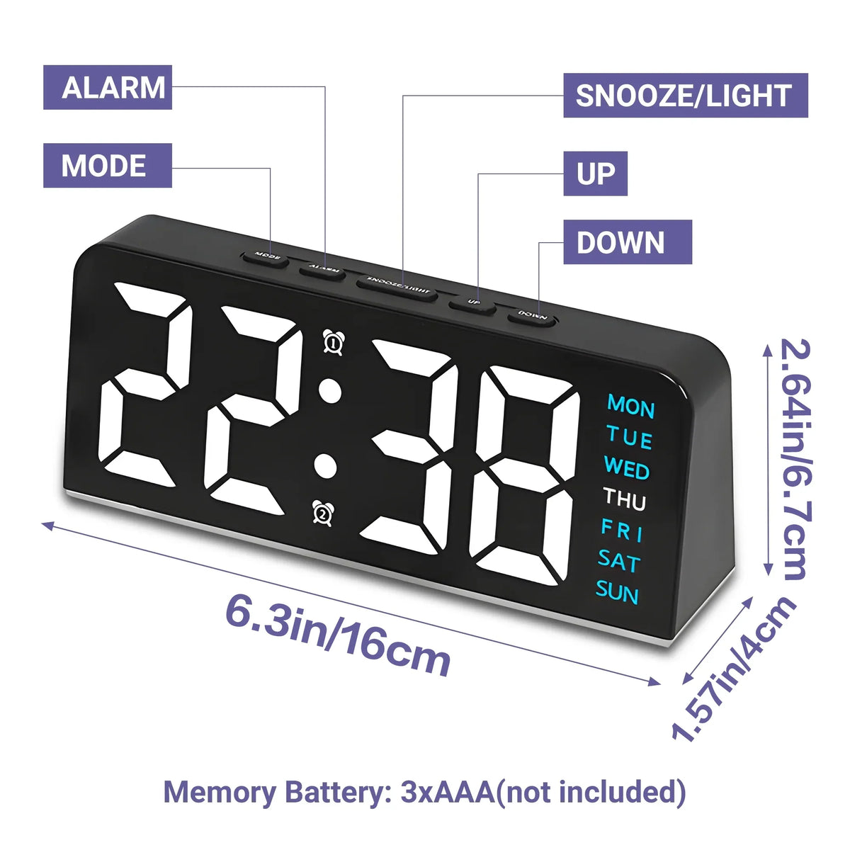 Mini Digital Alarm Clock, Blue Backlight, Adjustable Brightness, Calendar and Temperature Display, USB 5V Desktop Nightstand Clock - product view 3