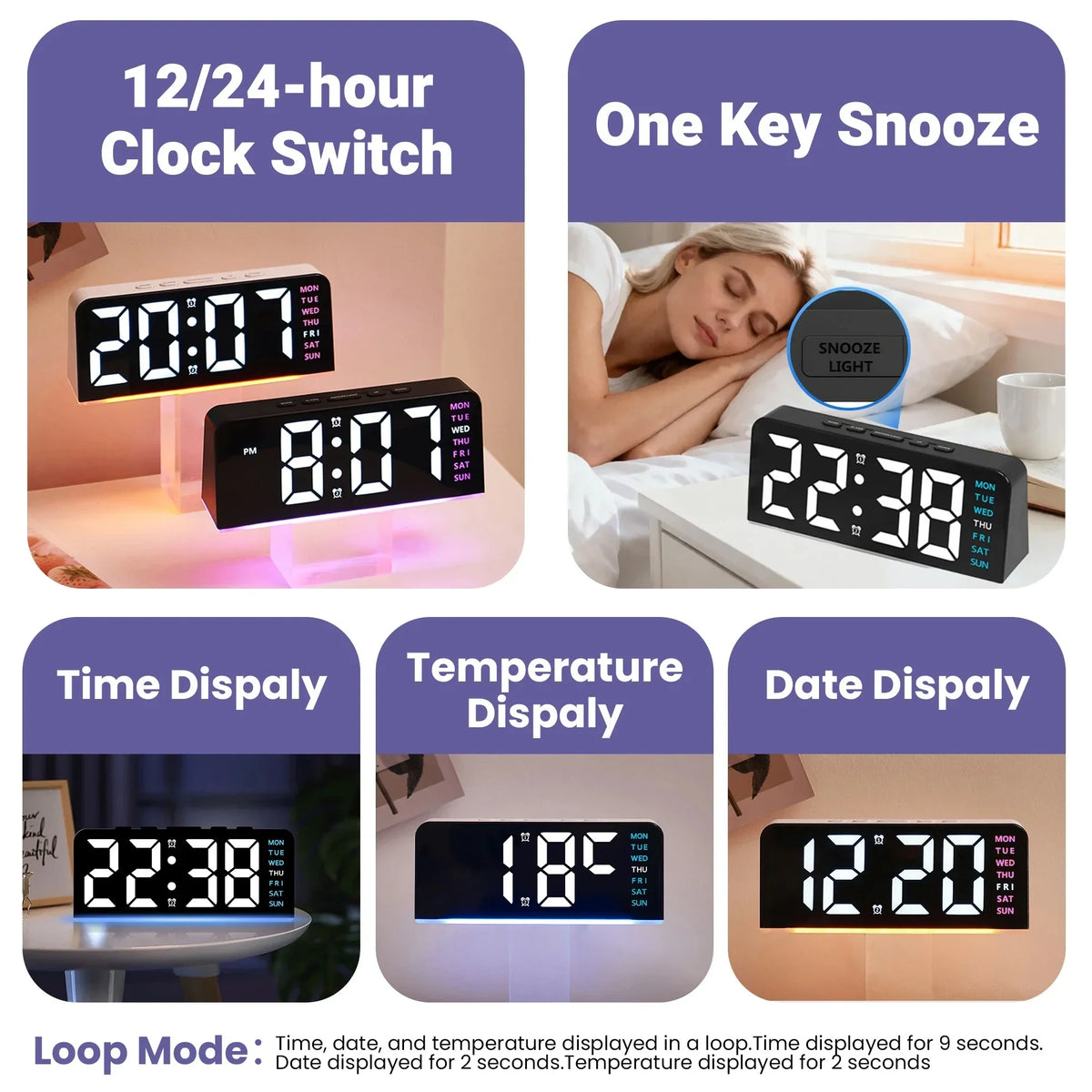 Mini Digital Alarm Clock, Blue Backlight, Adjustable Brightness, Calendar and Temperature Display, USB 5V Desktop Nightstand Clock - product view 4