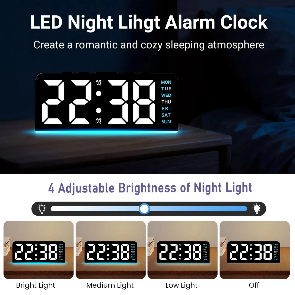 Mini Digital Alarm Clock, Blue Backlight, Adjustable Brightness, Calendar and Temperature Display, USB 5V Desktop Nightstand Clock - product view 6