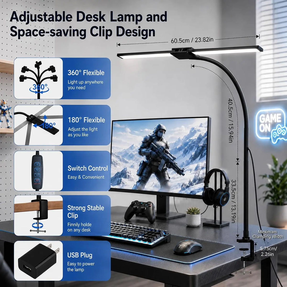 Dual-Head LED Desk Lamp, Clamp Mount, 30 Modes, 10 Brightness Levels, 3 Color Temperatures, USB 5V - product view 5