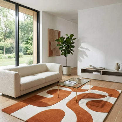 Modern Wool-Look Area Rug, Terracotta Cream Abstract Striped Boho Polyester Rug with PP Backing, Five Sizes for Living Rooms - product view 1