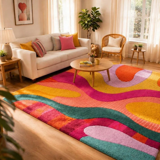 Striped Boho Shag Rug, Soft Faux Velvet Polyester Carpet with PP Backing for Living Room, 5 Sizes - product view 1