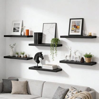 6-Piece Wood Floating Shelf Set, 15.8-Inch Farmhouse Wall-Mounted Display Shelves with Metal Frames for Home Décor - product view 1