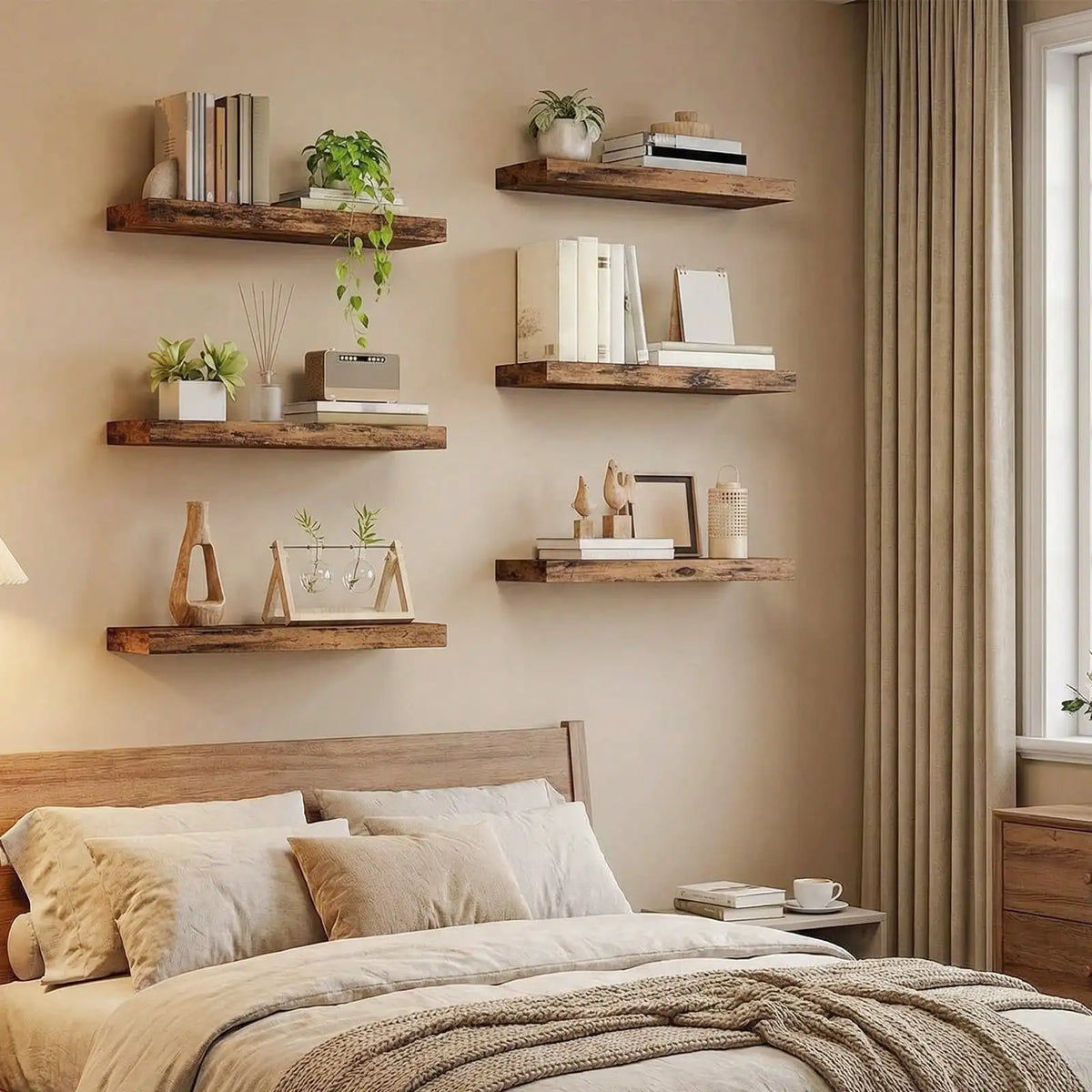 6-Piece Wood Floating Shelf Set, 15.8-Inch Farmhouse Wall-Mounted Display Shelves with Metal Frames for Home Décor - product view 6