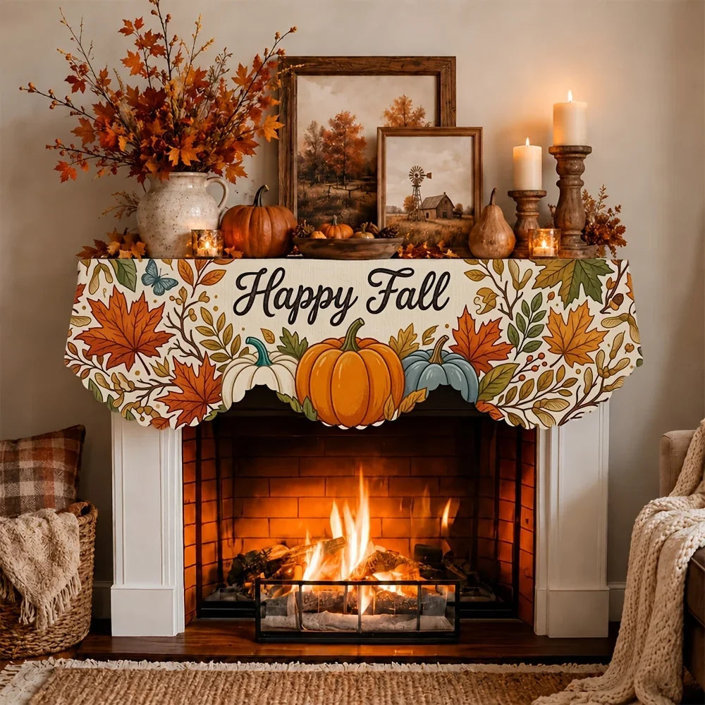 Happy Fall Fireplace Mantel Scarf, Pumpkin and Maple Leaf Floral Print, Machine-Washable Reusable Polyester Topper, 50x200 cm - product view 3