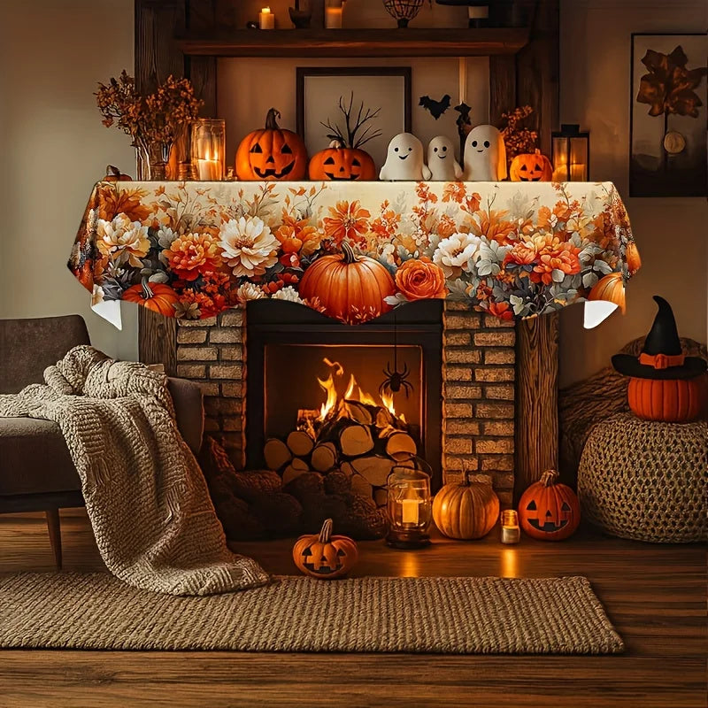 Happy Fall Fireplace Mantel Scarf, Pumpkin and Maple Leaf Floral Print, Machine-Washable Reusable Polyester Topper, 50x200 cm - product view 5
