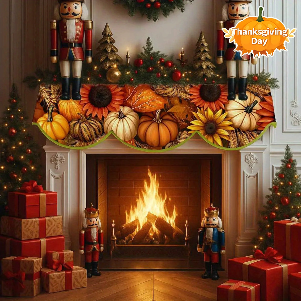 Happy Fall Fireplace Mantel Scarf, Pumpkin and Maple Leaf Floral Print, Machine-Washable Reusable Polyester Topper, 50x200 cm - product view 6