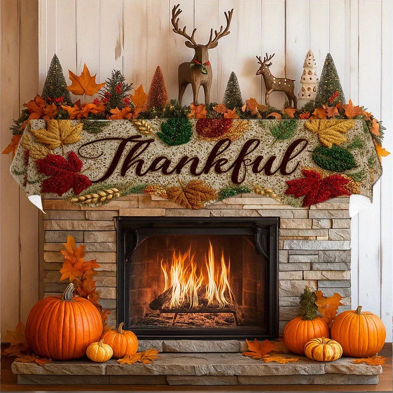 Happy Fall Fireplace Mantel Scarf, Pumpkin Maple Floral Print, Reusable Machine-Washable Polyester Topper, 50x200 cm - product view 4