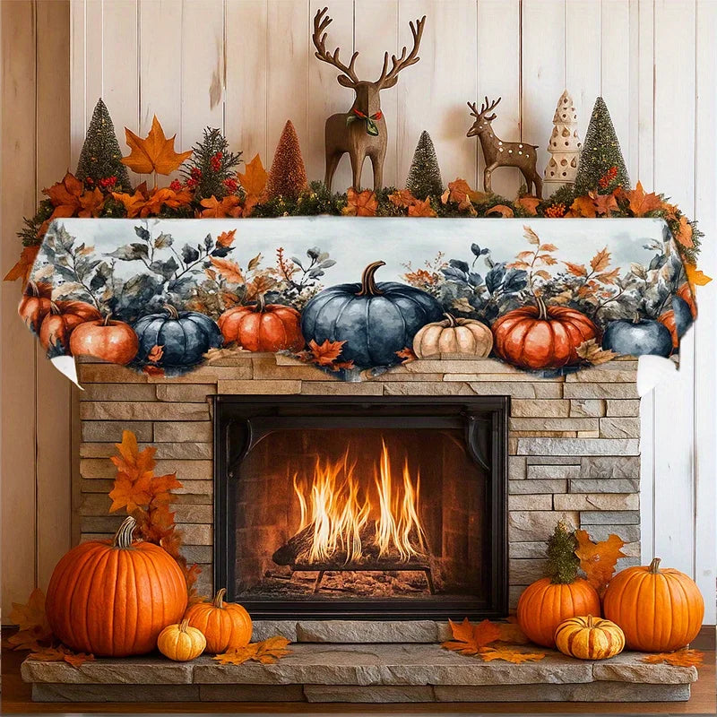 Happy Fall Fireplace Mantel Scarf, Pumpkin Maple Floral Print, Reusable Machine-Washable Polyester Topper, 50x200 cm - product view 5