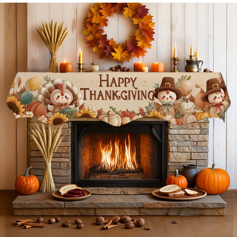Happy Fall Fireplace Mantel Scarf, Pumpkin Maple Floral Print, Reusable Machine-Washable Polyester Topper, 50x200 cm - product view 6