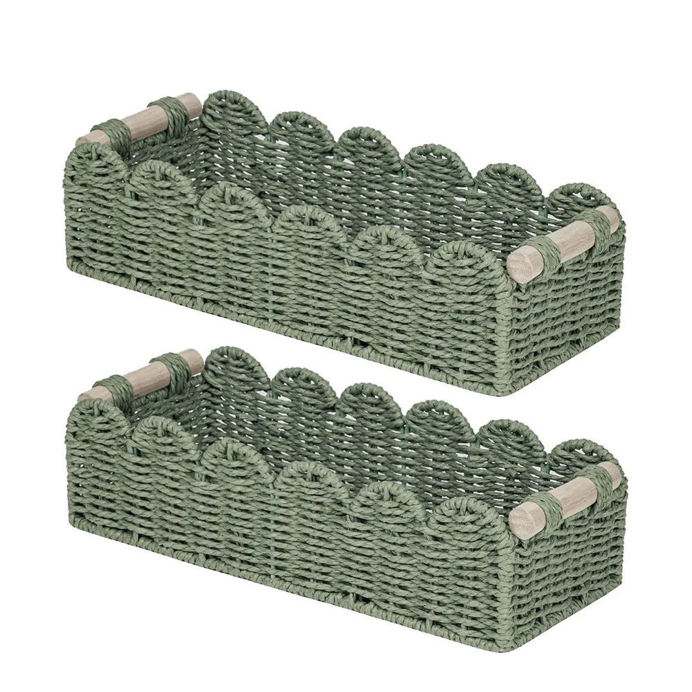 Decorative Wicker Basket Set, 2 Pack, Scalloped Edge, Wooden Handles, 14 × 6.3 × 3.9 in, Reusable Home Storage Organizer - product view 1