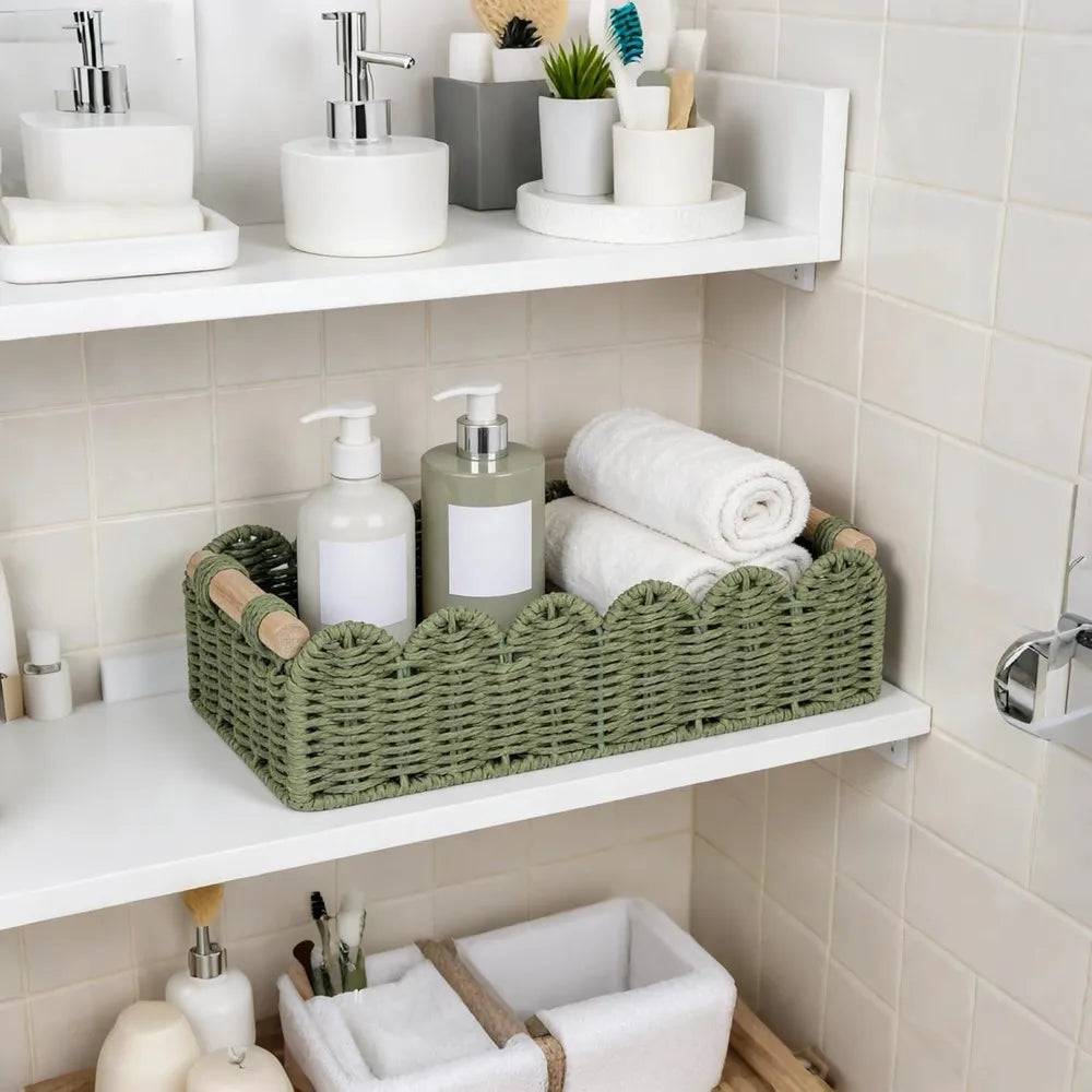 Decorative Wicker Basket Set, 2 Pack, Scalloped Edge, Wooden Handles, 14 × 6.3 × 3.9 in, Reusable Home Storage Organizer - product view 4