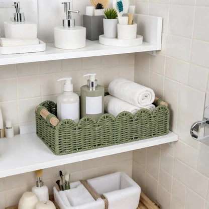 Decorative Wicker Basket Set, 2 Pack, Scalloped Edge, Wooden Handles, 14 × 6.3 × 3.9 in, Reusable Home Storage Organizer - product view 4