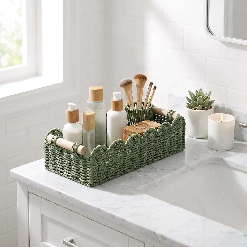 Decorative Wicker Basket Set, 2 Pack, Scalloped Edge, Wooden Handles, 14 × 6.3 × 3.9 in, Reusable Home Storage Organizer - product view 5