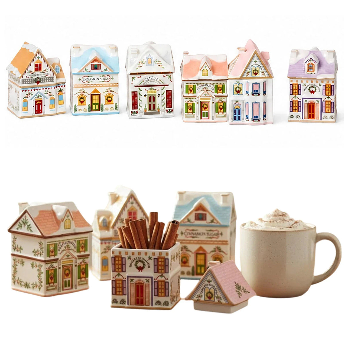 6-Piece Christmas Village Spice House Set, Mini Ornament Storage Boxes, Bamboo Holiday Kitchen Decor - product view 2