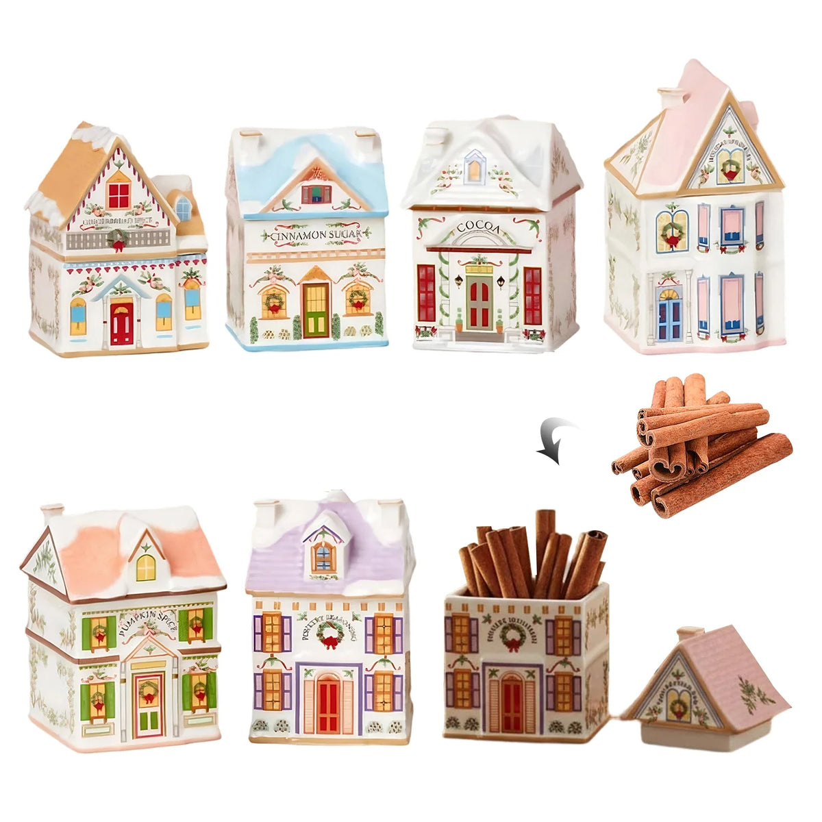 6-Piece Christmas Village Spice House Set, Mini Ornament Storage Boxes, Bamboo Holiday Kitchen Decor - product view 3