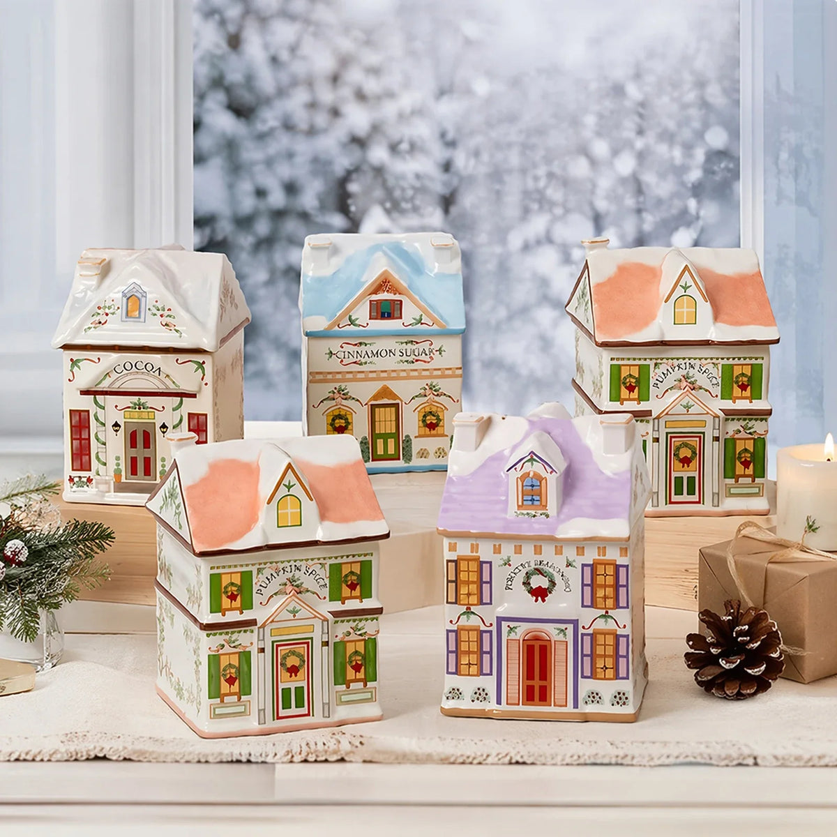 6-Piece Christmas Village Spice House Set, Mini Ornament Storage Boxes, Bamboo Holiday Kitchen Decor - product view 4