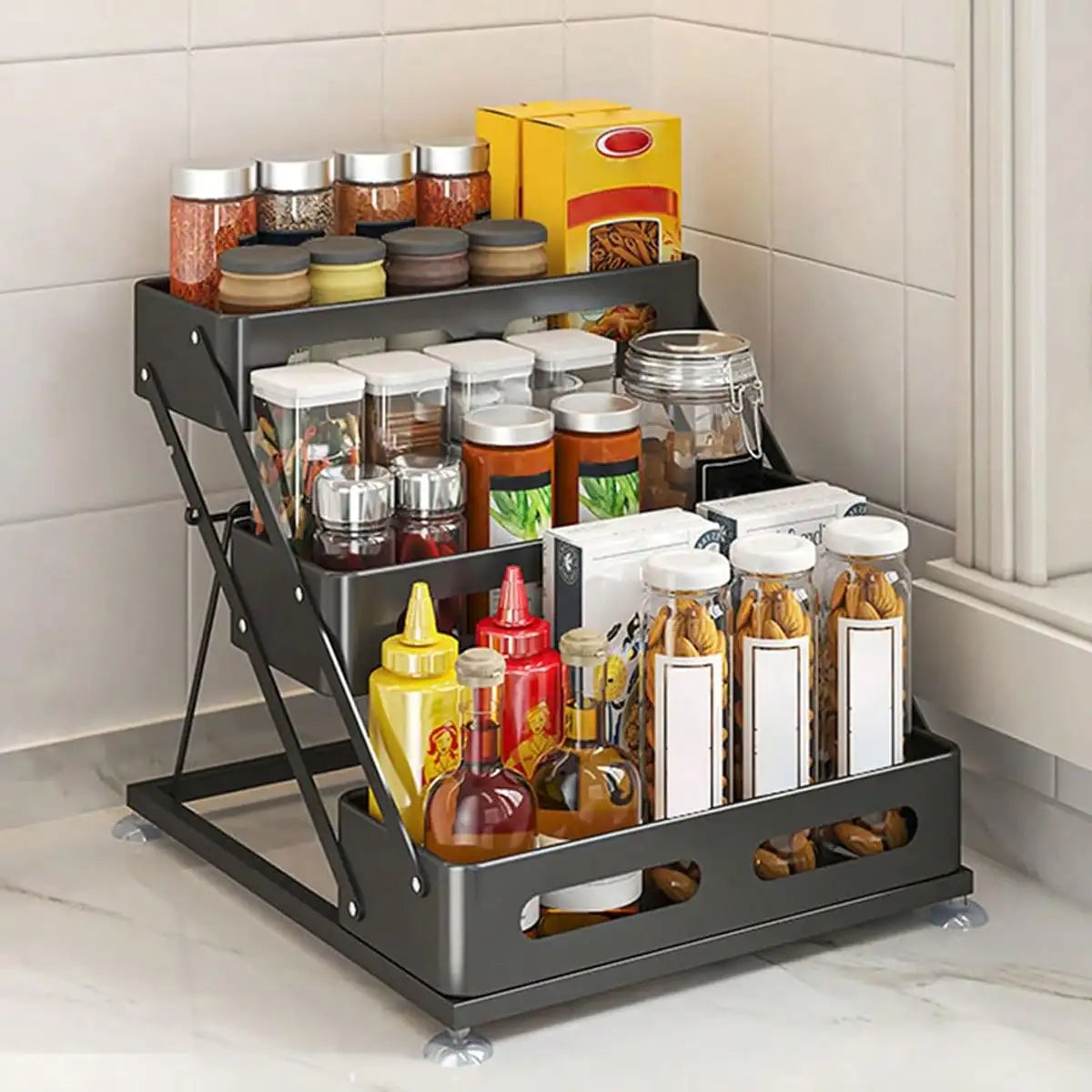 3-Tier Black Metal Spice Rack Organizer, Foldable Countertop Seasoning Shelf with Guardrails for Kitchen Cabinets and Pantry - product view 1