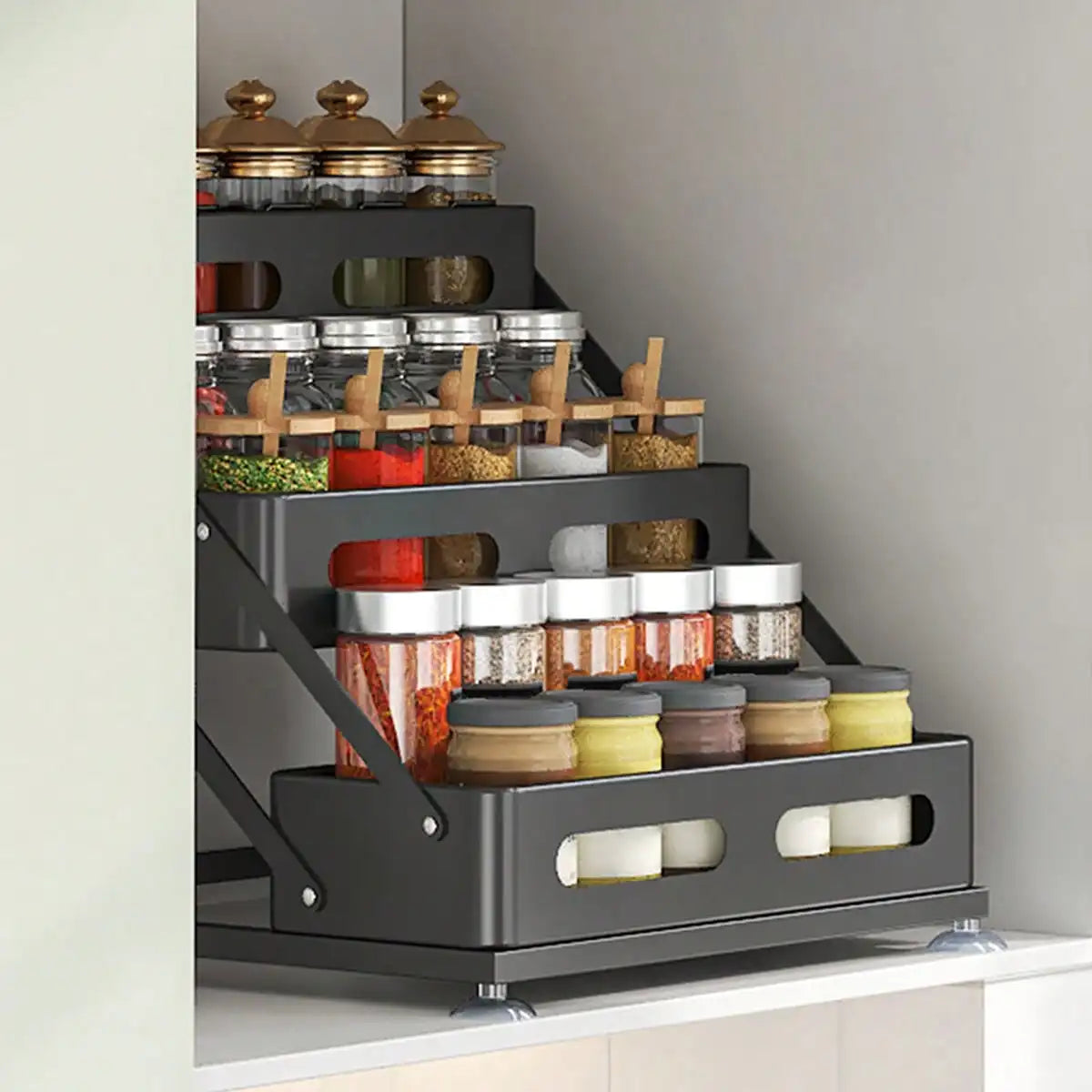 3-Tier Black Metal Spice Rack Organizer, Foldable Countertop Seasoning Shelf with Guardrails for Kitchen Cabinets and Pantry - product view 5
