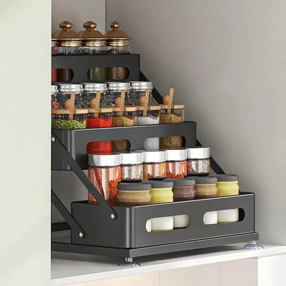 3-Tier Black Metal Spice Rack Organizer, Foldable Countertop Seasoning Shelf with Guardrails for Kitchen Cabinets and Pantry - product view 5