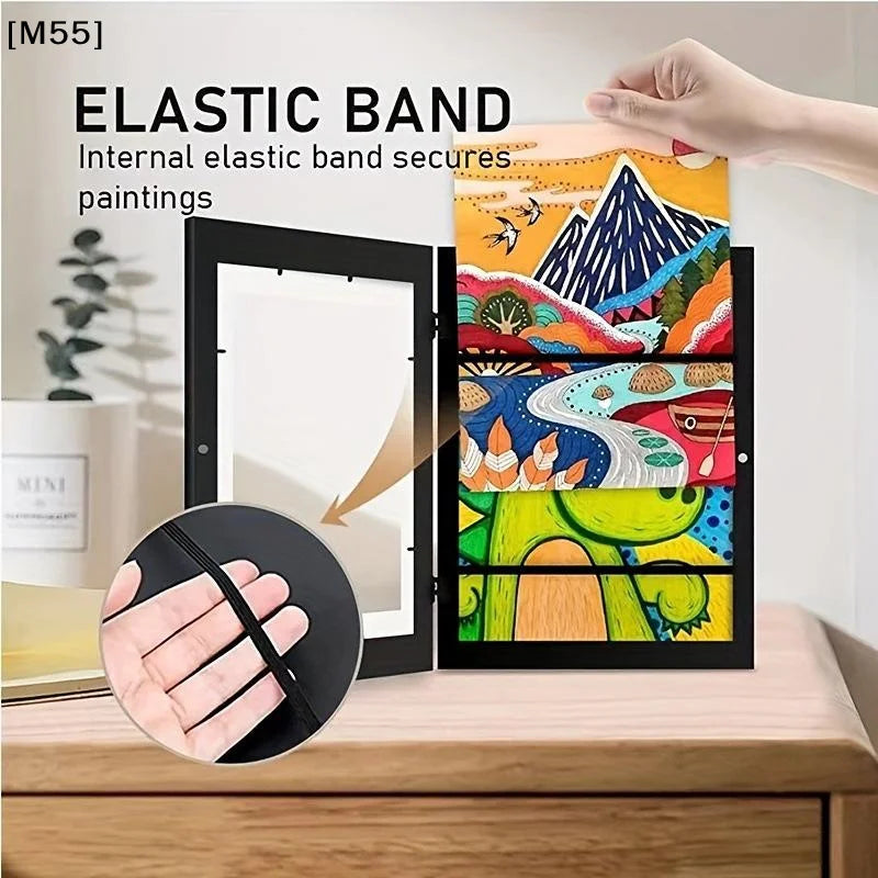 A4 Children’s Art Frame, Black Wooden and Acrylic Flip-Open Artwork Display with Elastic Band for Wall Décor - product view 3