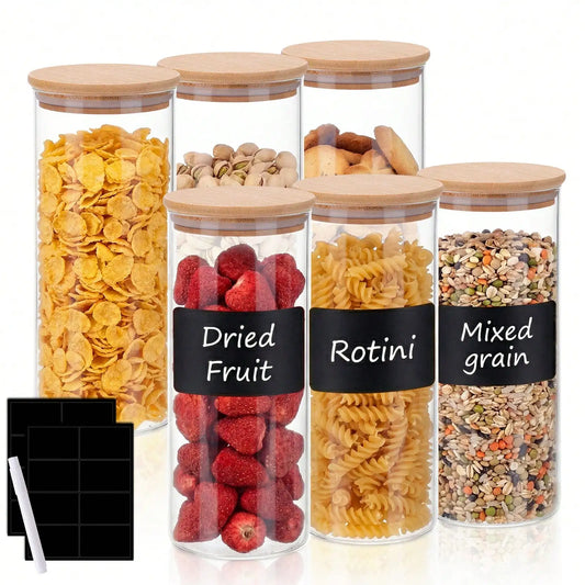 6-Piece Food Storage Canister Set, 1L Round Containers, Airtight Bamboo Lids, Transparent Pantry Jars for Flour, Sugar and Pasta - product view 1
