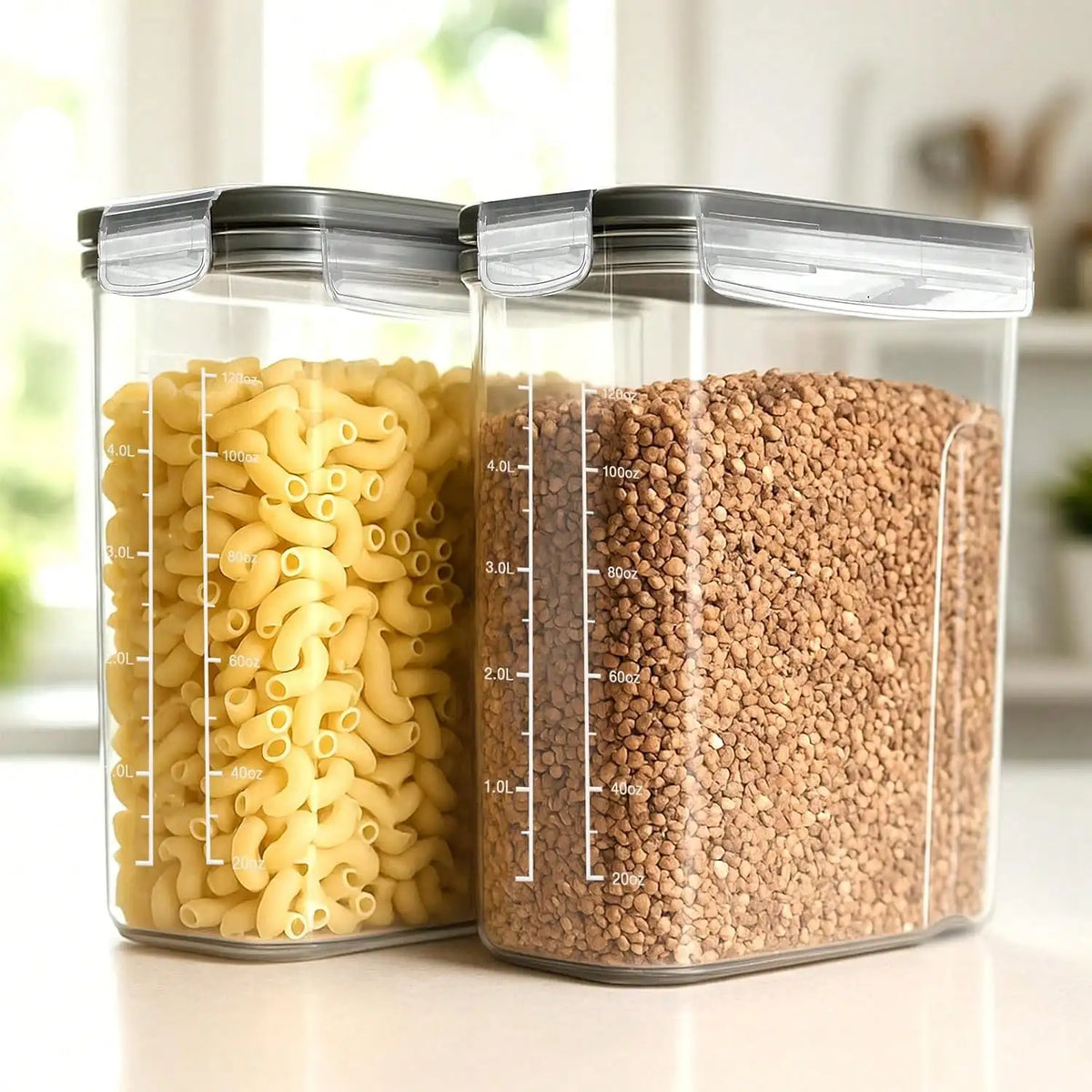 4-Pack Airtight Cereal Storage Containers, 4L 135oz Clear Acrylic Canisters with Black Flip-Top Lids, Scoop and Labels - product view 3